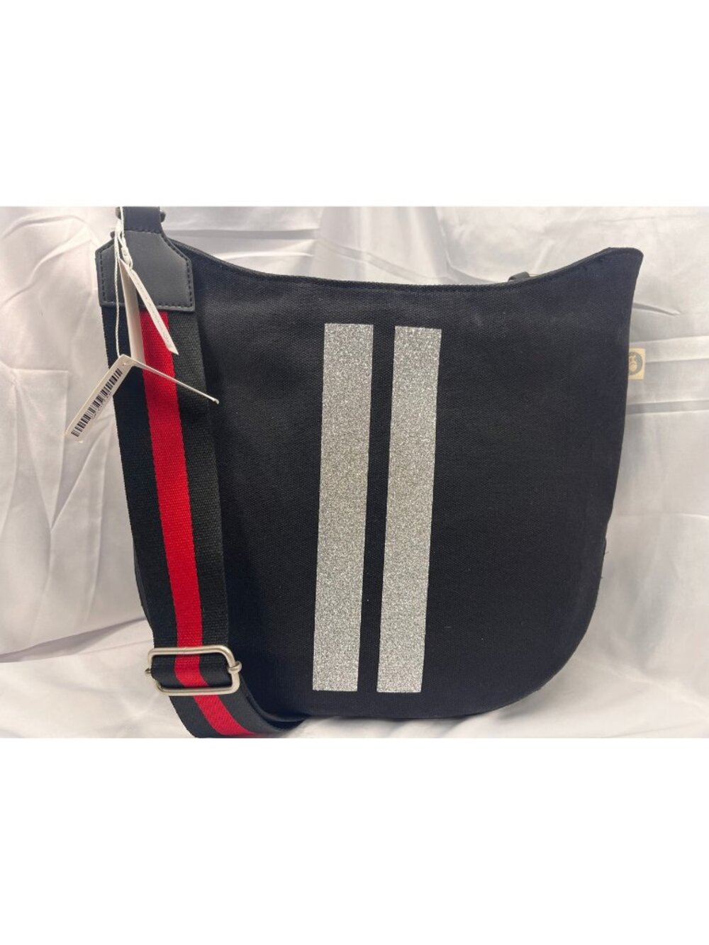 Koala Knavs Black Cotton Crossbody Bag Silver Glitter Stripe NWT